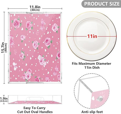 Serving Tray with Handles Clear Acrylic Tray 12x16 Inch Decorative Rectangular Tray Organizer for Ottoman Coffee Table Bathroom Pink Valentine Heart Roses Bows