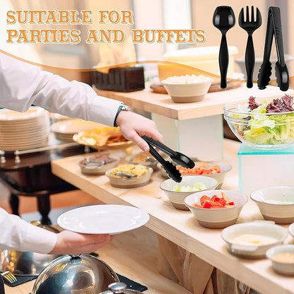 30 Pcs Black Plastic Serving Utensils Set - Includes 10 Spoons, 10 Tongs, 10 Forks - Heavy Large Disposable Serving Utensils for Parties, Holidays & Events,Gatherings