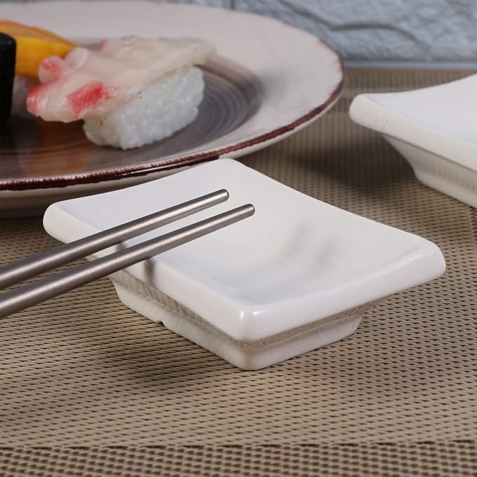 Cabilock Round Tray 2Pcs 3Inch Sauce Dishes Ceramic Appetizer Serving Tray Rectangular Seasoning Dishes Snack Dipping Bowls for Soy Sauce Dish (White) Snack