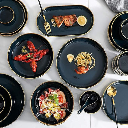 Nordic Style Tableware Set, Ceramic Plate And Bowl Set, Family Restaurant Tableware, 2/4/6 Person Tableware Set, Handmade Ceramic Utensils (Cyan 18 pcs)