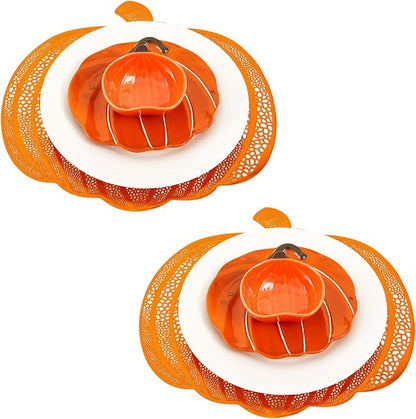 Jinei 8 Pcs Thanksgiving Fall Tableware Set Include Large Ceramic Pumpkin Shaped Plates White Dinner Ceramic Plates Small Pumpkin Shaped Bowls and Place Mats for Autumn Halloween Table Party Decor
