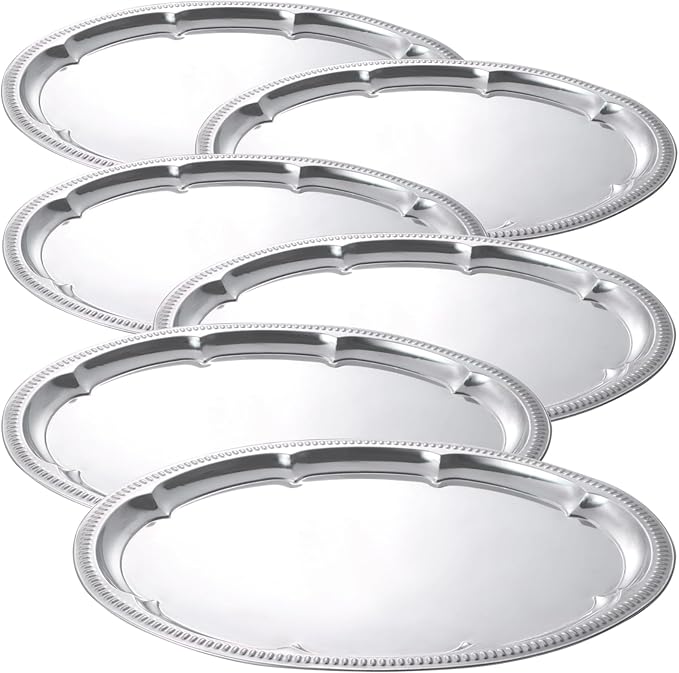 6 Pcs Large Silver Serving Trays, Stainless Steel Floral Engraved Trays for Parties, 15.7X11.8 in, Mirror-Polished, Food-Safe