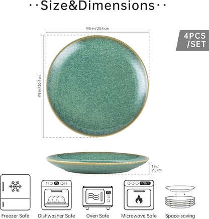 HENXFEN LEAD Dessert, Salad Plates 8 Inch, Porcelain Serving Dishes for Appetizers, Snacks, Pancakes - Kitchen Dinnerware Set Dishwasher, Microwave Safe - Reactive Green