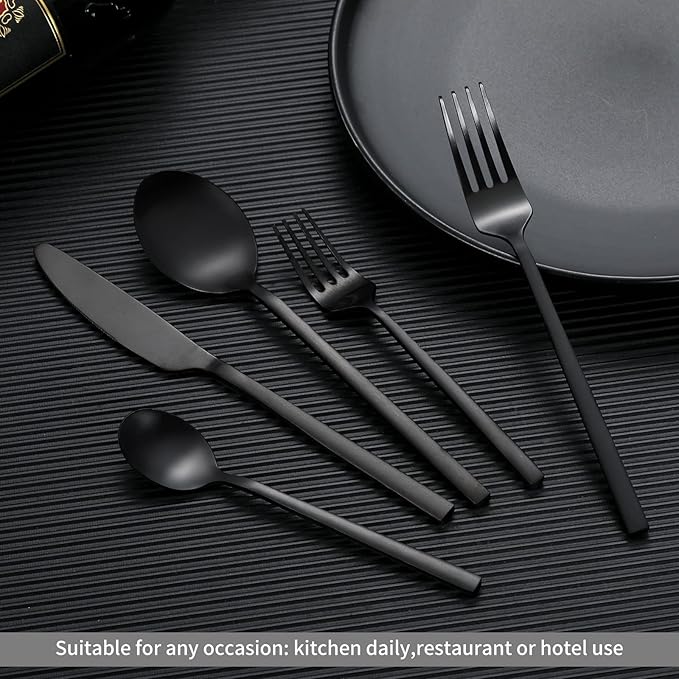 40-Piece Black Silverware Set, Rectangular Flatware Set for 8, Matte Stainless Steel Cutlery Set, Home Essentials and Kitchen Utensils Set, for Restaurant, Party And Wedding, Dishwasher Safe