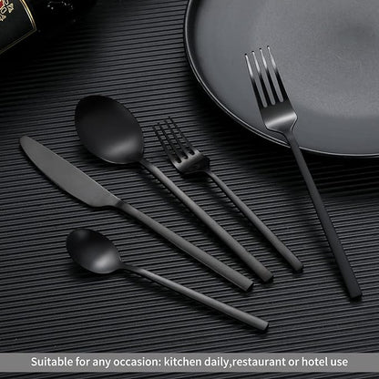 40-Piece Black Silverware Set, Rectangular Flatware Set for 8, Matte Stainless Steel Cutlery Set, Home Essentials and Kitchen Utensils Set, for Restaurant, Party And Wedding, Dishwasher Safe