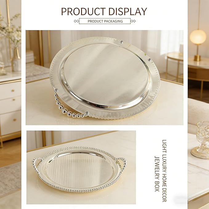 Round Metal Serving Tray, 31.5cm Silver Fruit Platter with Handles for Indoor Outdoor Camping BBQ Picnic Decor, Tea Tray Tea Serving Platter for Food Fruit Coffee