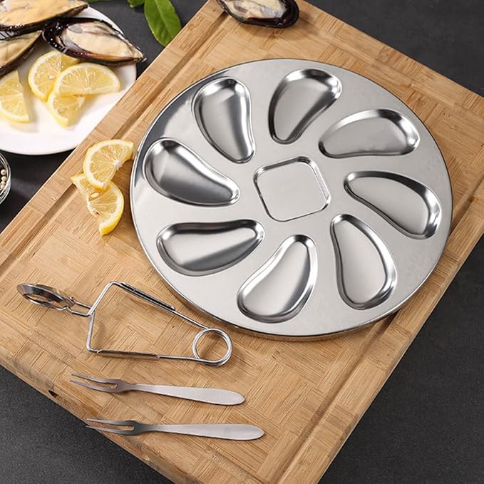Stainless Steel Oyster Plate Set Fork and Oyster Shucker Metal Serving Tray for Seafood for Kitchen and Dining 3pcs