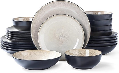 Plates and Bowls Sets for 6 - CJDC-QUELO 24-Piece Stoneware Dinnerware Sets, Ceramic Dishware Set for Indoor Kitchen Use and Formal Dining, Chip and Scratch Resistant Microwave Dishwasher Safe, Brown