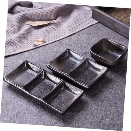PRETYZOOM 2pcs Retro Square Ceramic Sauce Dishes Food Dipping Bowls 3 Grids Snack Plates for Appetizers and Seasoning for Home Use
