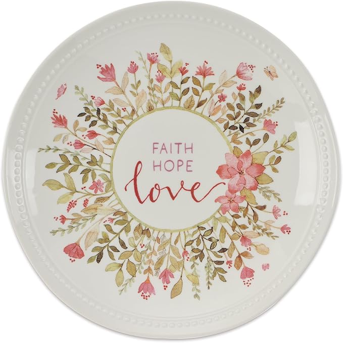 WITH LOVE 9" Ceramic Serving Plate for Home & Kitchen: Faith Hope Love Pink Floral Inspirational Dish for Appetizers, Desserts, Snacks-Food Safe, Lead & Cadmium-free