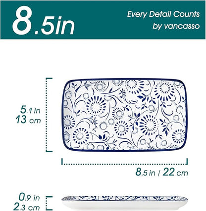 vancasso Selene 8.5 Inch Rectangular Salad Plates Set of 6, Ceramic Salad Plates for Sushi, Dessert, Appetizer, Porcelain Platters for Kitchen Decor, Microwave & Oven Safe, Vintage Blue & White Color