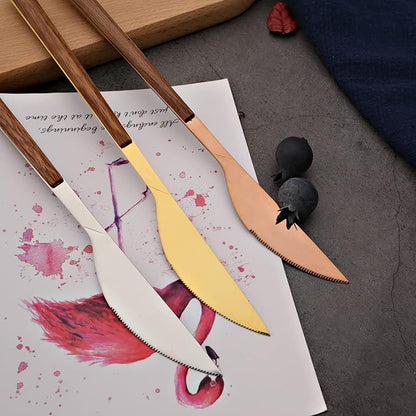 Korean Style Wood Flatware Stainless Steel Fork/Spoon/Knife/Teaspoon with Wooden Square Handle Cutlery Set of 4 Dinnerware for Home, Kitchen, Restaurant, Gift - Rose Gold
