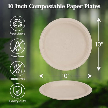ECOLipak Paper Plates 10 Inch, 150 Pack Compostable Heavy Duty Disposable Biodegradable Sugarcane Bagasse Eco Friendly Paper Plates for Thanksgiving Party Dinner