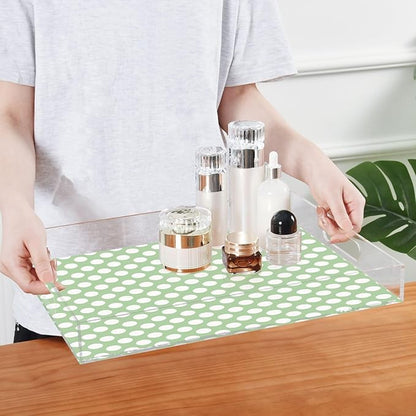 Serving Tray with Handles Clear Acrylic Tray 12x16 Inch Decorative Rectangular Tray Organizer for Ottoman Coffee Table Bathroom Polka Dots Green