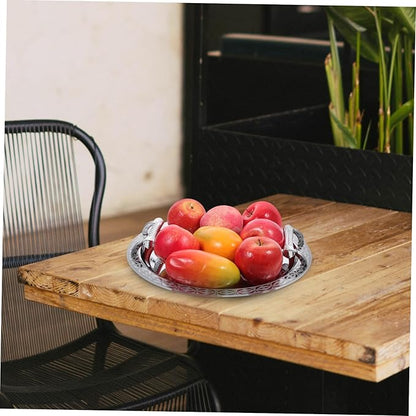 European Style Round Serving Tray Elegant Appetizer Dish for Fruits Desserts Snacks Silver Patterned Platter Multi Functional Decorative Storage Plate for Home