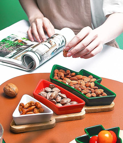 Colorful 10.8 Inches Snack Appetizer Trays Set, Christmas Tree Dessert Serving Dishes, Snack Platter, 3 pcs Removable Porcelain Plates with Bamboo Tree Tray