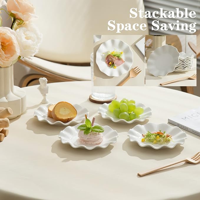 6 Inch Porcelain Appetizer Plates Set of 18, Small Dinner Plates, Dessert Salad Plates, White Wave Rim Serving Dishes for Cake, Snack, Ice Cream, Waffles, Microwave, Oven, and Dishwasher Safe