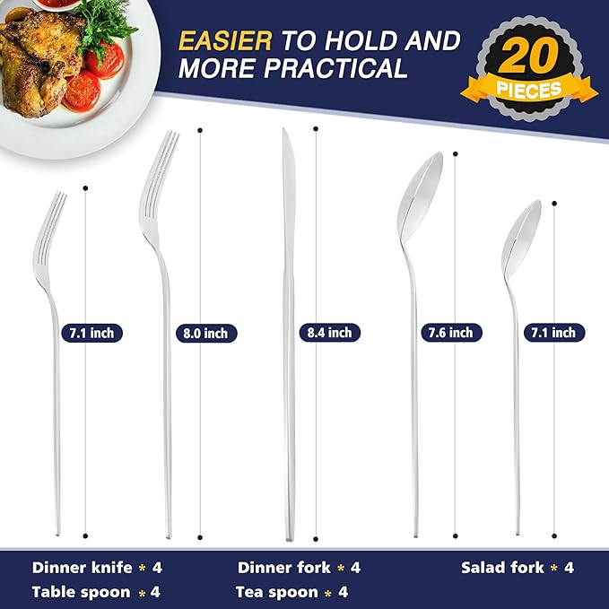 20 Pieces Silverware Set，Matte Stainless Steel Flatware Cutlery Set Service for 4, Stain Finish Kitchen Utensil Set，Include Dinner Knives Forks and Spoons Silverware, Dishwasher Safe