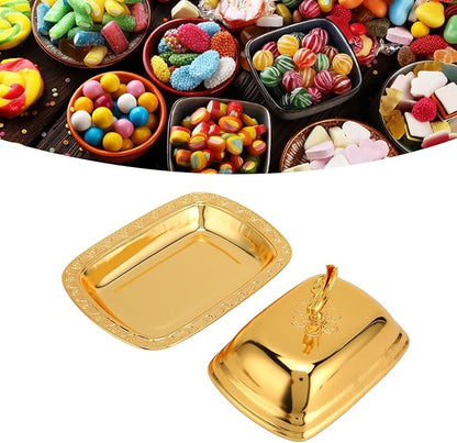 Stainless Steel Serving Tray, 7"x 5" Appetizer Plates with Swan Handle Lid, Fruit Dish Snack Serving Tray Decorative Dessert Platter Candy Holder for Wedding Home Birthday Party (Gold)