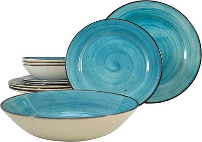 Tudor Royal 12-Piece Porcelain Round Dinnerware Set, Service for 4, COSMICSTONE Design, Plates Bowls Dishes, Premium Quality Tableware, Unique Pattern, Glossy