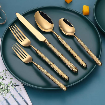 Gold 40 Piece Silverware Set Service for 8,Premium Stainless Steel Flatware Set Vintage Embossed Cutlery Utensil Set Home Kitchen Eating Tableware Set Include Fork Knife Spoon Set Dishwasher Safe