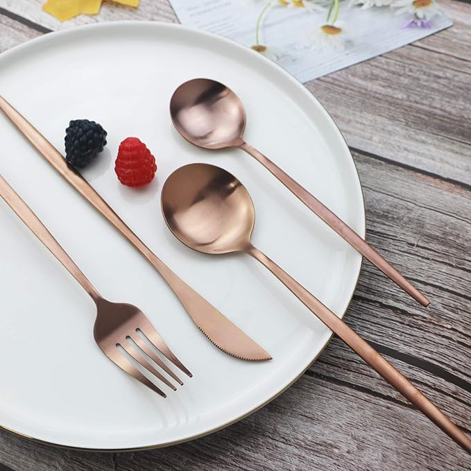 Copper Silverware Set JASHII 40-Piece Flatware Set 304 Stainless Steel Flat Cutlery Set for 8 Matte Kitchen Forks Knife Spoons Set, Satin Finish Tableware Set for Home and Restaurant, Dishwasher Safe