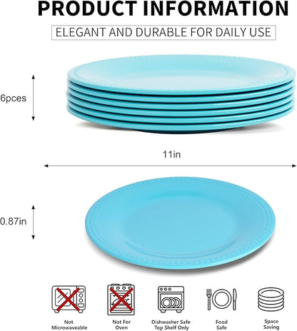 Melamine Beaded Dinner Plate Set of 6, BPA Free, Chip & Break Resistant, Lightweight, Great for Dining, Weddings & Everyday Meals, Aqua, 11in