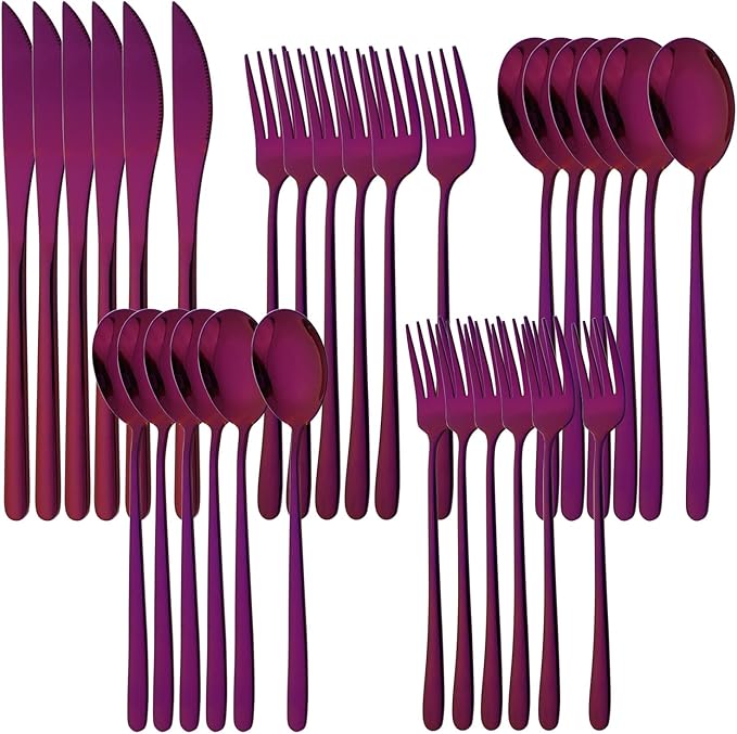 30 Pieces Silverware Set, Purple-Flatware Cutlery Set Service for 6, 18/8 Stainless Steel Tableware Eating Utensils for Home/Hotel/Restaurant, Mirror Polished, Dishwasher Safe
