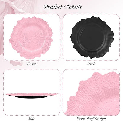50 Pack Pink Charger Plates Bulk, 13" Plastic Reef Chargers for Dinner Plates, Round Charger Plate with Floral Reef Design for Dinner Wedding Party Table Setting Decoration