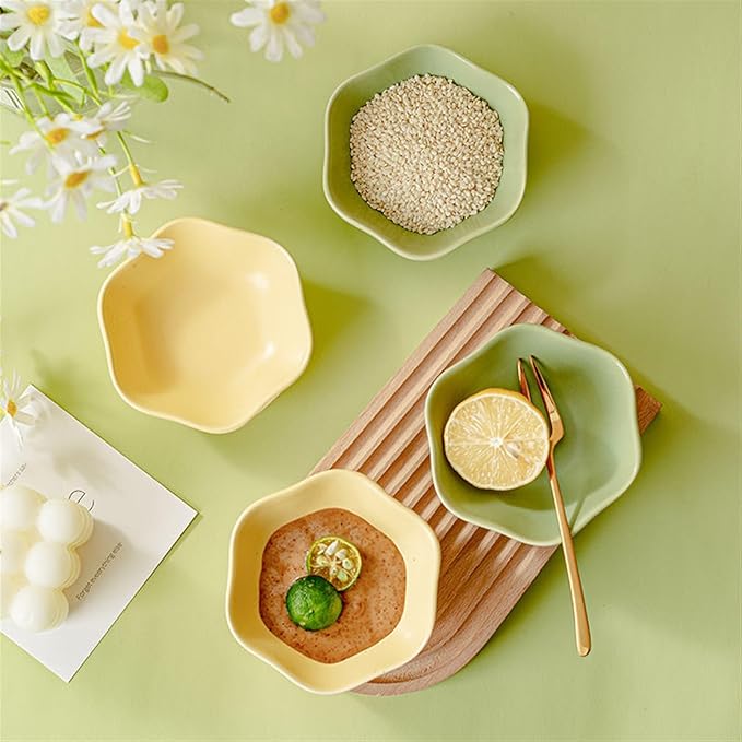 Sauce Dish 2-piece/4-piece Creative Flower Shaped Ceramic Plate Soup Bowl Plate Snack Plate Dim Sum Plate Sauce Bowl Snack Plate(Yellow,4-Piece)