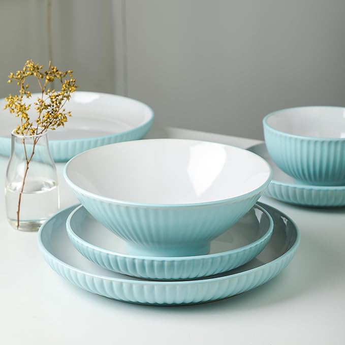 Christian Siriano Lustra Modern 16-Piece Stoneware Dinnerware Set, Plates and Bowls Set, Dinner and Salad Plates, Ramen Bowls, Dishes for 4, Teal