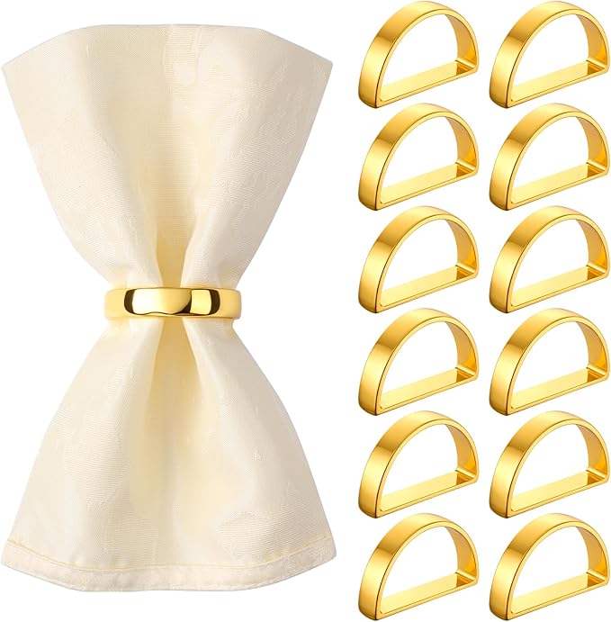 Suream Napkin Holders Set of 12, Stainless Steel Napkin Rings Bulk for Weddings, Fall Events, Parties, Thanksgiving, Christmas Decorations(Bright Gold Semicircle)