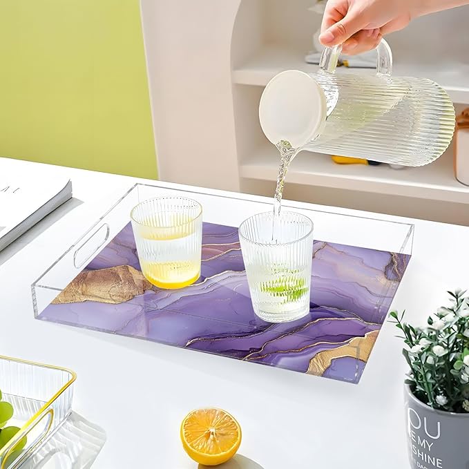 Clear Tray Marble Silver Purple Fresh Acrylic Serving Tray with Handles 12x16 Clear Trays for Serving Food Spill-Proof