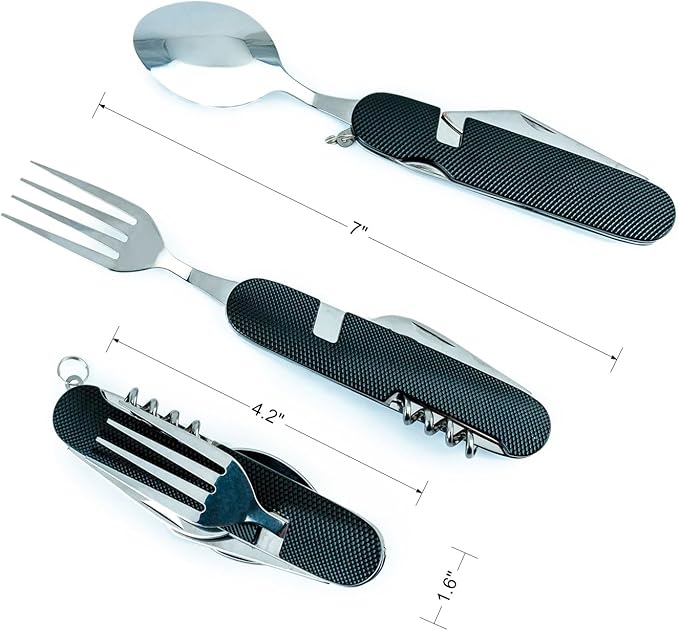 Cluck 6-in-1 Multi-Function Camping Utensil Flatware Set Detachable Spoon Fork Knife Combo Mess Kit with Carrying Pouch (Gold + Black)