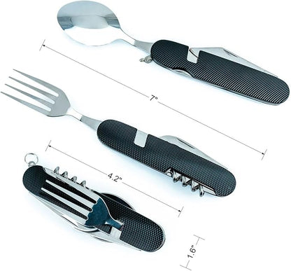 Cluck 6-in-1 Multi-Function Camping Utensil Flatware Set Detachable Spoon Fork Knife Combo Mess Kit with Carrying Pouch (Gold + Black)