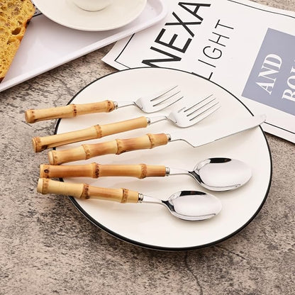 6-Piece Bamboo Silverware Set, Stainless Steel Flatware Hostess Serving Set Bamboo Utensils Tableware Set for Home Camping Travel Hotel - 6pcs Teaspoon