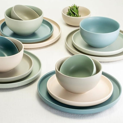 Sango 16-Piece Stoneware Dinnerware Set for 4, Satin Glazed Plates and Bowls Sets with Matte Finish, Ceramic Dish Set, Durable Kitchen Dishes, Microwave & Dishwasher Safe Dining, Rollo Artist's Blend