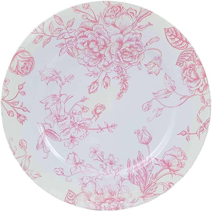 Efavormart 6 Pack White Pink Floral Acrylic Charger Plates in French Toile Pattern, Round Dinner Charger Event Tabletop Decor - 13"