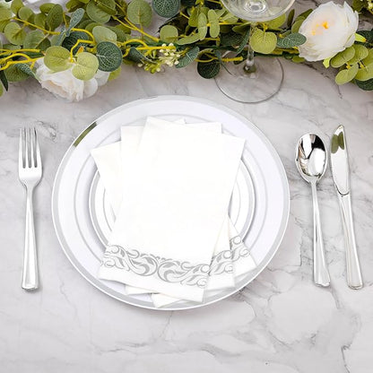 BESTVIP 100 Pack Disposable Paper Napkins, 3-Ply Dinner Napkins with Silver Trim for Guests, Bathroom Paper Hand Towels Soft & Absorbent, Perfect for Christmas, Kitchen, Dinner, Party, Wedding, Event
