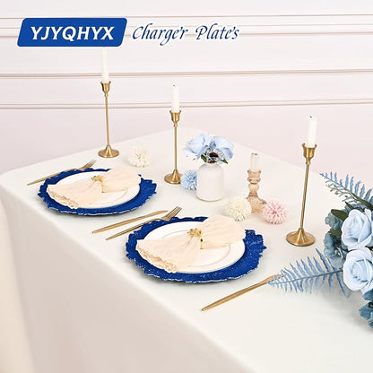 24 Pack Royal Blue Charger Plates Bulk, 13" Plastic Reef Chargers for Dinner Plates, Round Charger Plate with Floral Reef Design for Dinner Wedding Party Table Setting Decoration