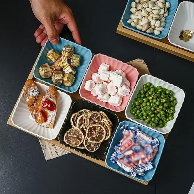 Appetizer Bowls 6 Compartment Divided Ceramic Sauce Dish Dipping Bowls Fruit Dessert Small Dish Appetizer Plates for Soy Sauce Vinegar Sushi Kethup BBQ Sauces(with Tray) Salad Bowls (Color : White)