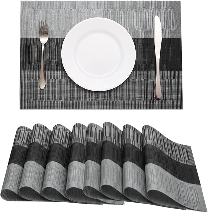 HeloHo Black Grey Stripe Placemats Set of 8, Heat-Resistant Washable Placemats Non-Slip Vinyl Woven Table Mats Wipeable Placemat for Kitchen Dining Table Decoration Indoor Outdoor