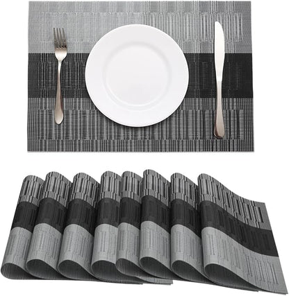 HeloHo Black Grey Stripe Placemats Set of 8, Heat-Resistant Washable Placemats Non-Slip Vinyl Woven Table Mats Wipeable Placemat for Kitchen Dining Table Decoration Indoor Outdoor