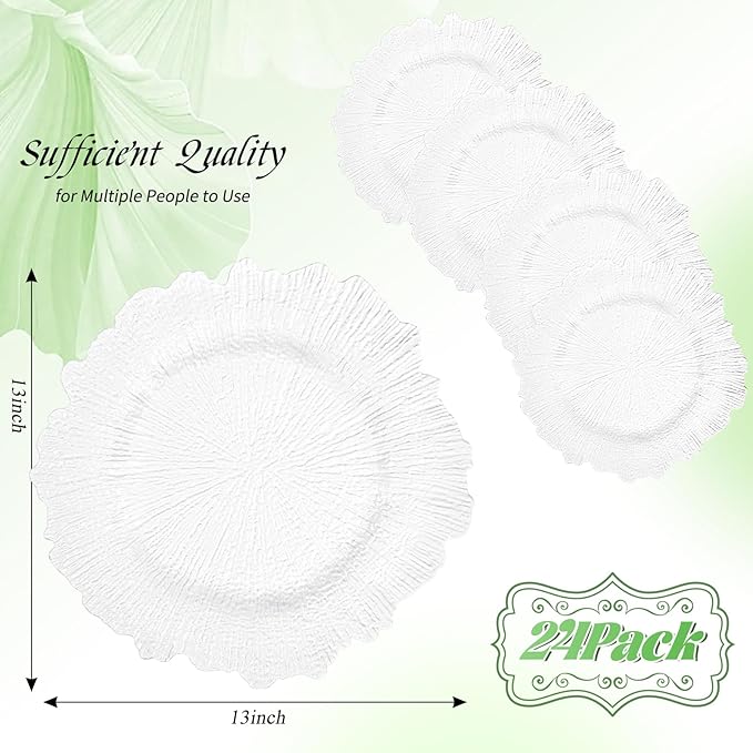 24 Pack White Charger Plates Bulk, 13" Plastic Reef Chargers for Dinner Plates, Round Charger Plate with Floral Reef Design for Dinner Wedding Party Table Setting Decoration