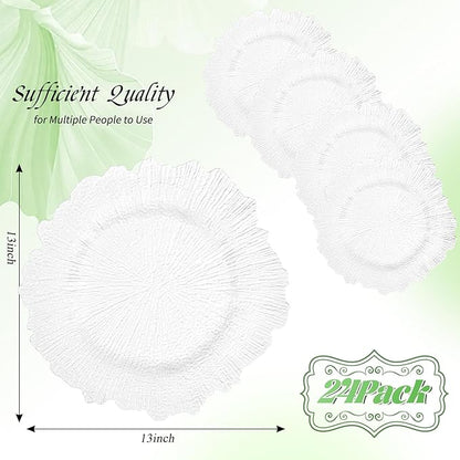 24 Pack White Charger Plates Bulk, 13" Plastic Reef Chargers for Dinner Plates, Round Charger Plate with Floral Reef Design for Dinner Wedding Party Table Setting Decoration