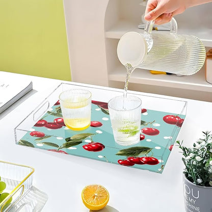 Serving Tray with Handles Clear Acrylic Tray 12x16 Inch Decorative Rectangular Tray Organizer for Ottoman Coffee Table Bathroom White Dots Red Cherry