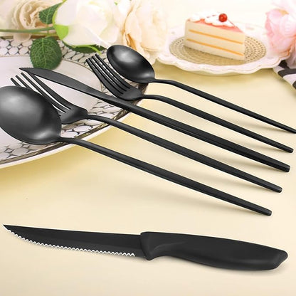48-Piece Matte Black Silverware Set with Steak Knives,Black Flatware Set for 8,Stainless steel Cutlery Set for Home Kitchen and Restaurant,Durable Home Kitchen Eating Tableware Set