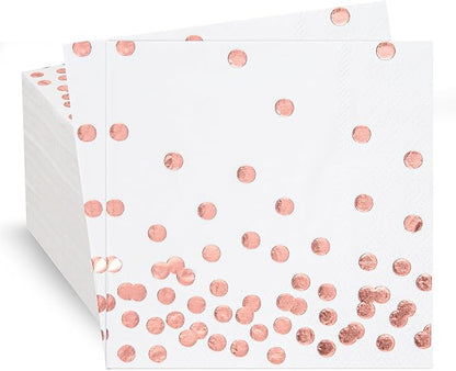 80 Pack of White Paper Cocktail Napkins with Gold Foil Polka Dot Confetti，Polka Dot Party Supplies(5 x 5 in，3-ply) (Rose Gold)
