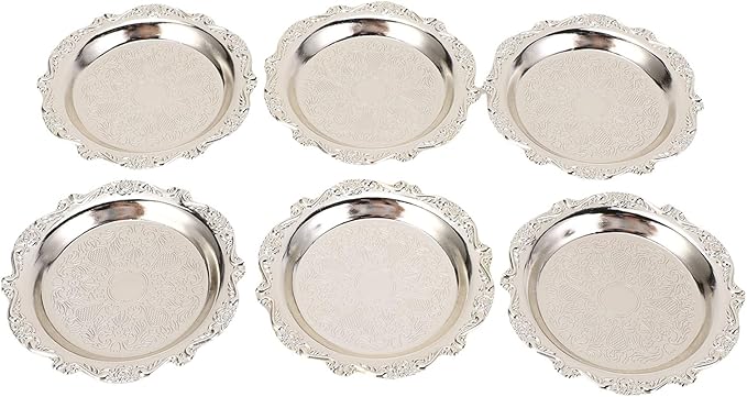 GLOGLOW 6PCS Vintage Metal Appetizer Plates Snack Trays Candy Dishes Elegant Leaf Carved Design Zinc Alloy Small Serving Trays for Fruits Nuts Desserts with Silver Sophisticated Look