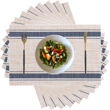 Placemats,PlasticVinyl Washable Heat-Resistant Durable PVC Non-Slip Woven for Kitchen Dining Table Mats (Blue Beige, Set of 8)